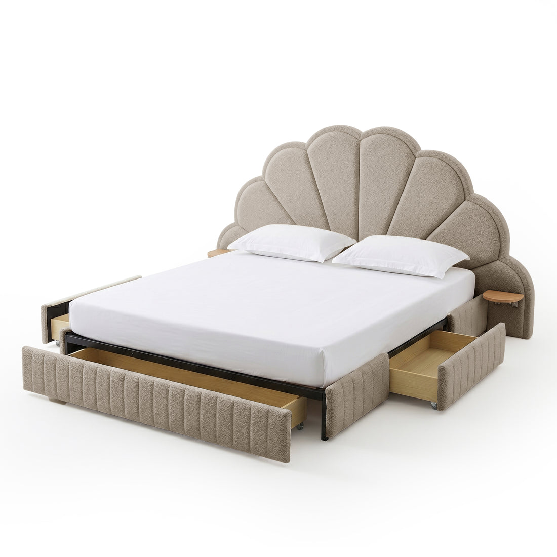 Clove King Storage Bed Base Set in Warm Beige with scalloped headboard, pull-out drawers and integrated side shelves