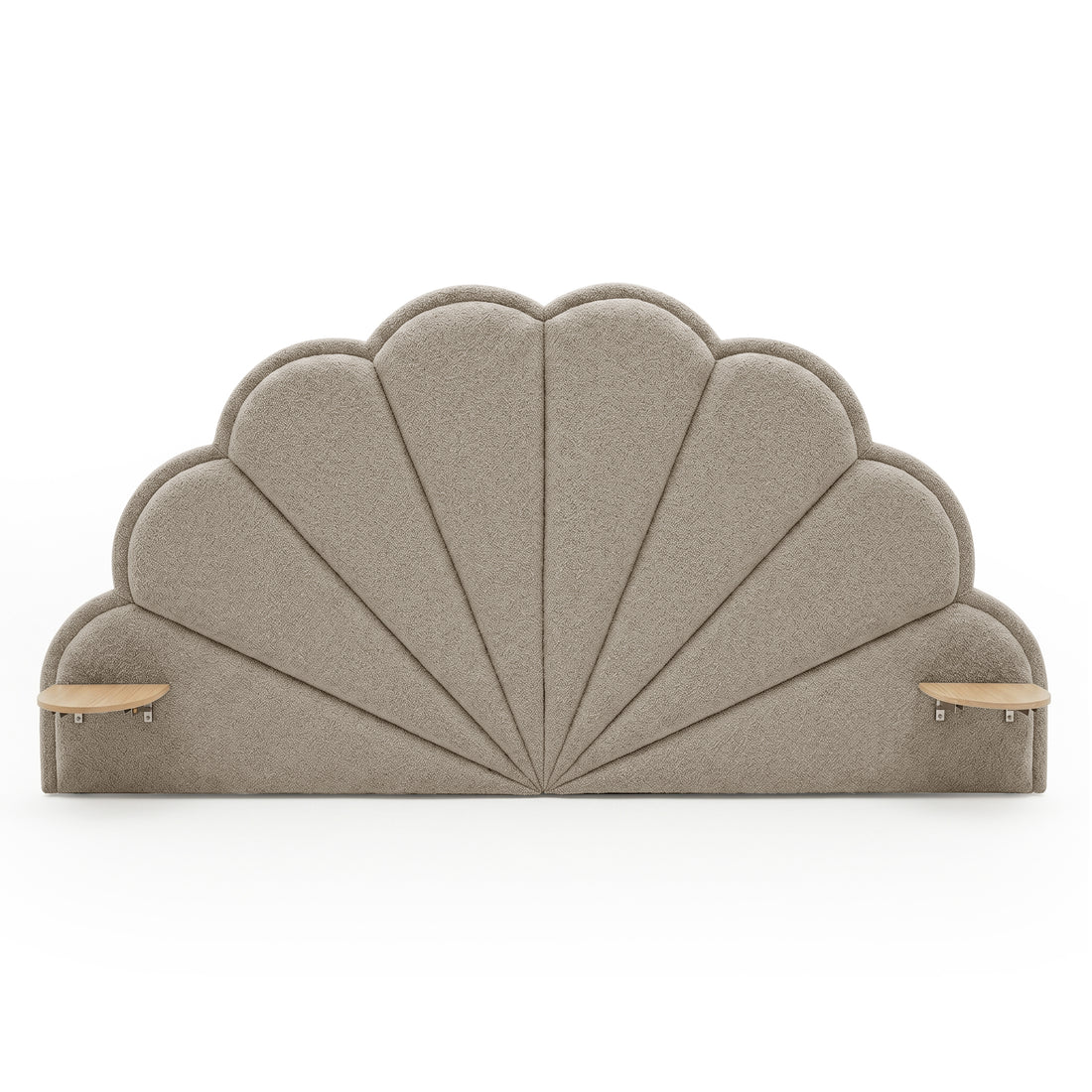 Clove King Storage Bed Base Set in Warm Beige with scalloped shell-shaped upholstered headboard and integrated timber side