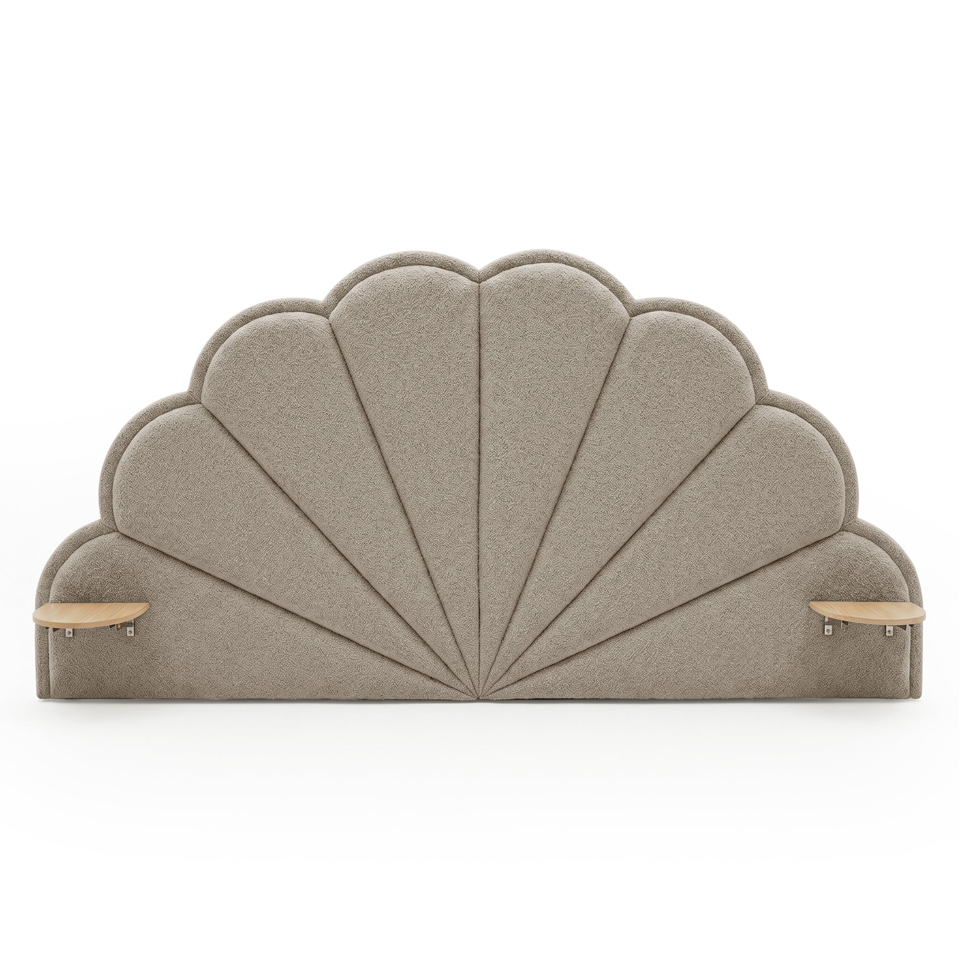 Clove King Storage Bed Base Set in Warm Beige with scalloped shell-shaped upholstered headboard and integrated timber side