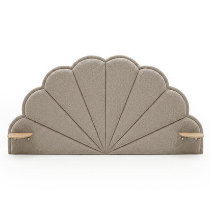Clove King Storage Bed Base Set in Warm Beige with scalloped shell-shaped upholstered headboard and integrated timber side