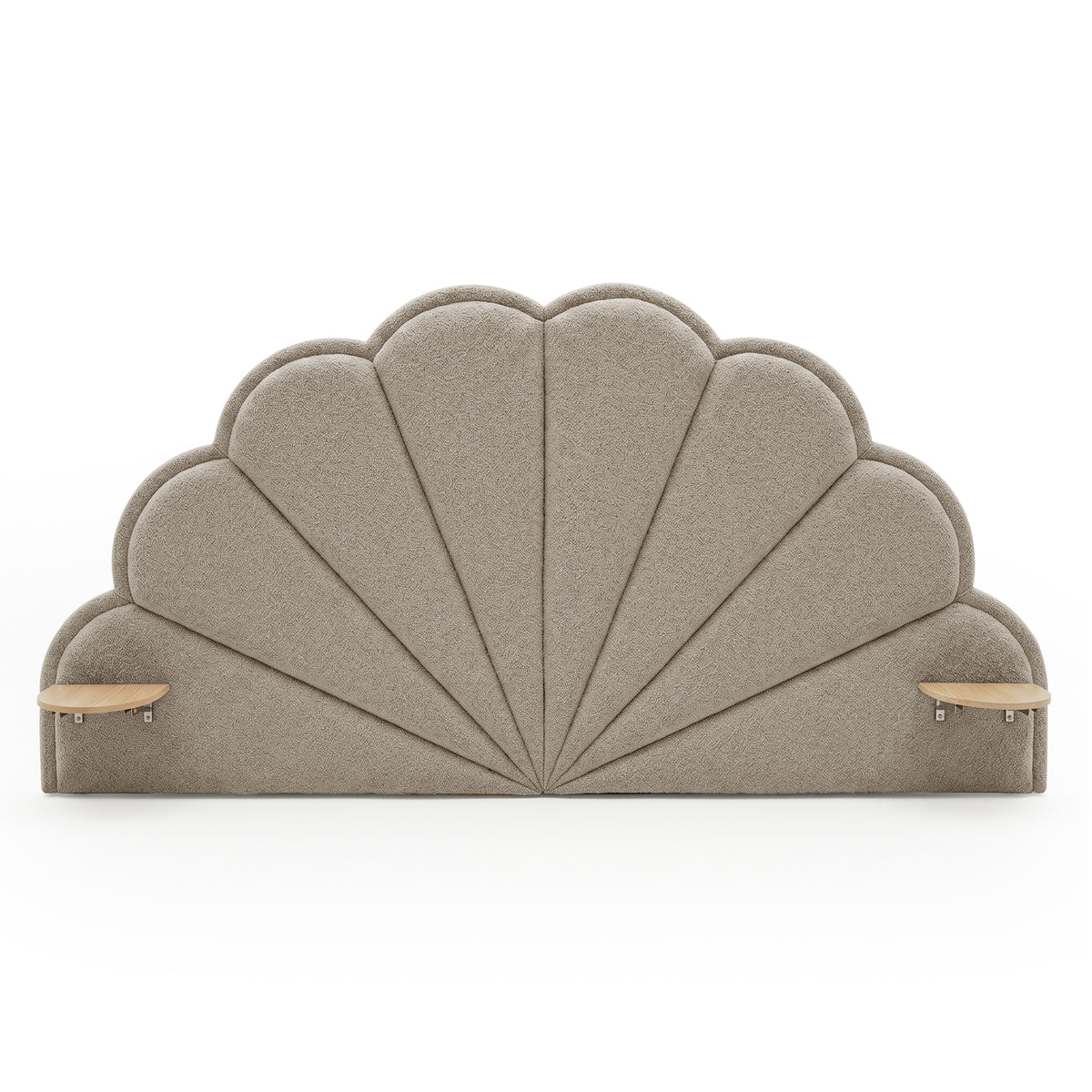 Clove King Scallop-Fan Headboard in Warm Beige Boucle with two attached timber side shelves