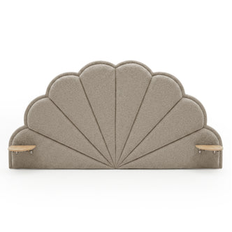 Clove King Scallop-Fan Headboard in Warm Beige Boucle with two attached timber side shelves
