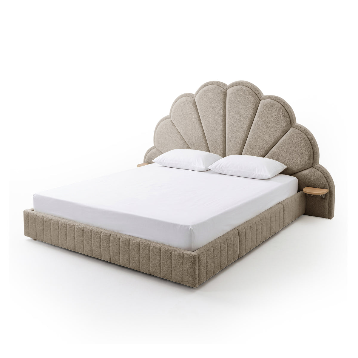 Clove Queen Storage Bed Base Set in Warm Beige with scalloped headboard, ribbed base, and integrated side shelves
