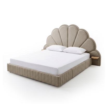 Clove Queen Storage Bed Base Set in Warm Beige with scalloped headboard, ribbed base, and integrated side shelves
