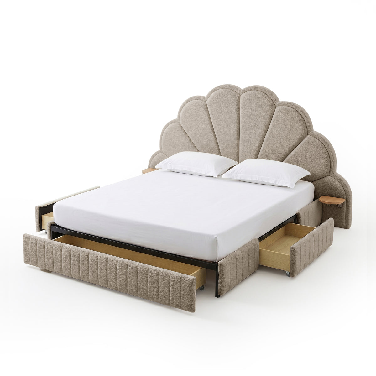 Clove Queen Storage Bed Base Set in Warm Beige with shell-shaped headboard, three pull-out drawers, and wooden side shelves