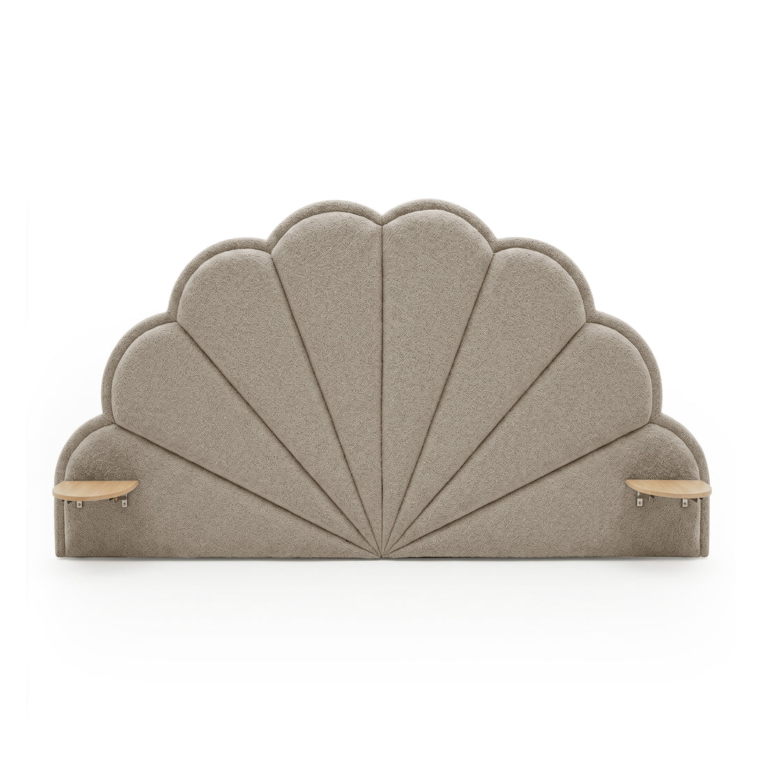 Clove Queen Storage Bed Base Set in Warm Beige with scalloped shell-shaped upholstered headboard and integrated timber side