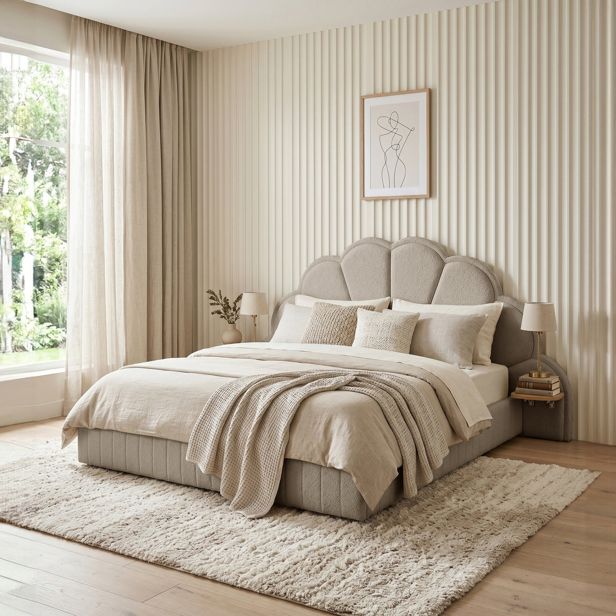Clove Queen Storage Bed Base Set in Warm Beige with scalloped headboard and channel tufting