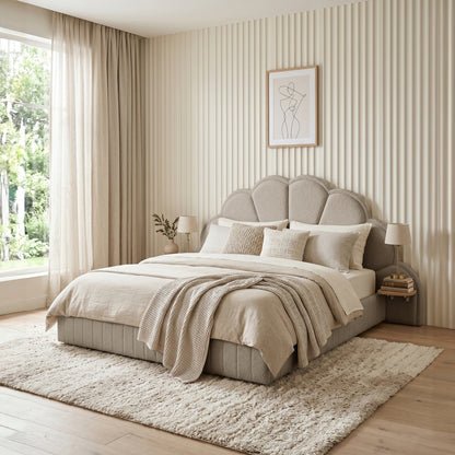 Clove Queen Storage Bed Base Set in Warm Beige with scalloped headboard and channel tufting