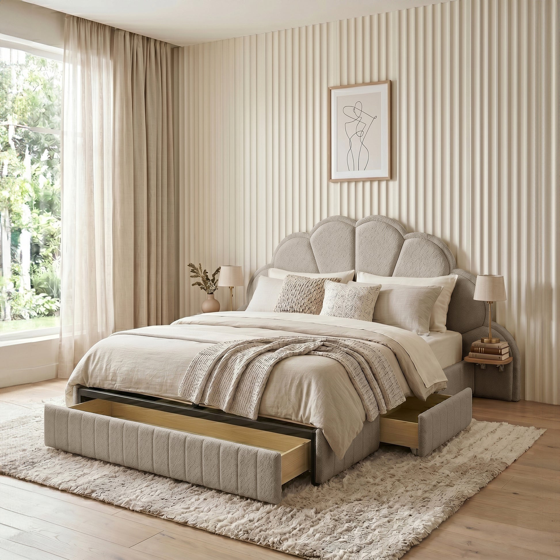 Clove Queen Storage Bed Base Set in Warm Beige with scalloped headboard and under-bed drawers, styled with neutral bedding