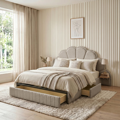 Clove Queen Storage Bed Base Set in Warm Beige with scalloped headboard and under-bed drawers, styled with neutral bedding