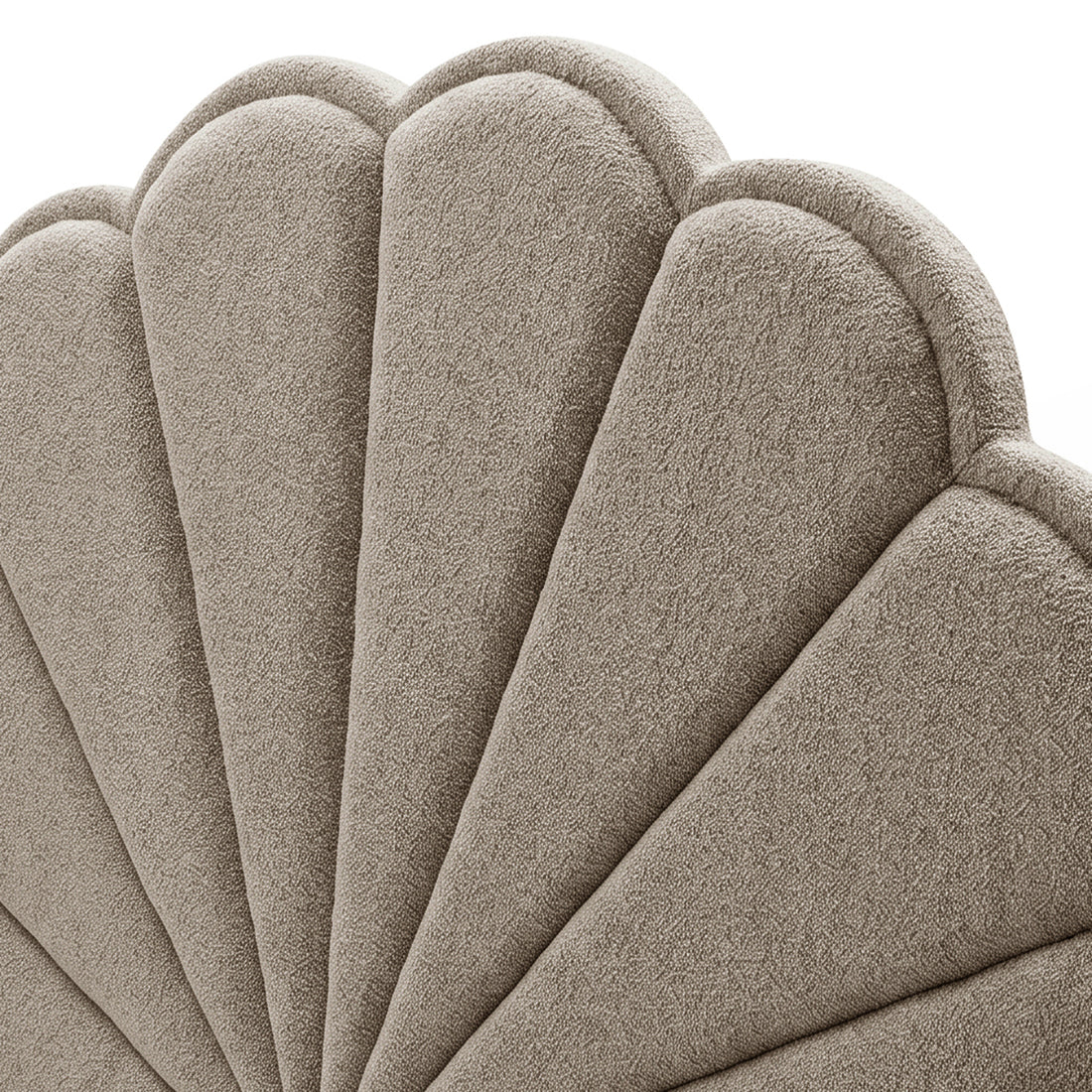 Close-up of Clove Queen Storage Bed Base Set upholstered panels in warm beige boucle fabric showing scalloped channel tufting