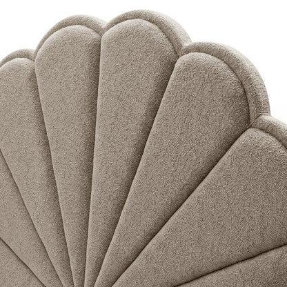 Close-up of Clove Queen Storage Bed Base Set upholstered panels in warm beige boucle fabric showing scalloped channel tufting