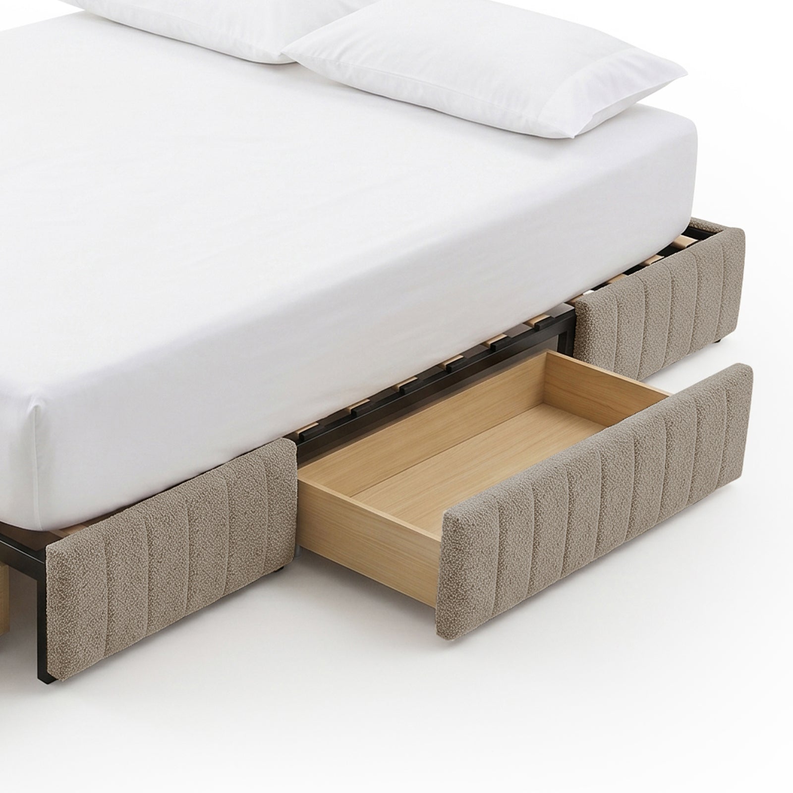 Clove Queen Storage Bed Base in Warm Beige with pull-out drawer, shown with mattress and pillows