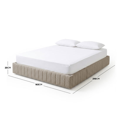 Clove Queen Storage Bed Base in Warm Beige with dimensions 163cm x 210cm x 25cm, shown with mattress and pillows