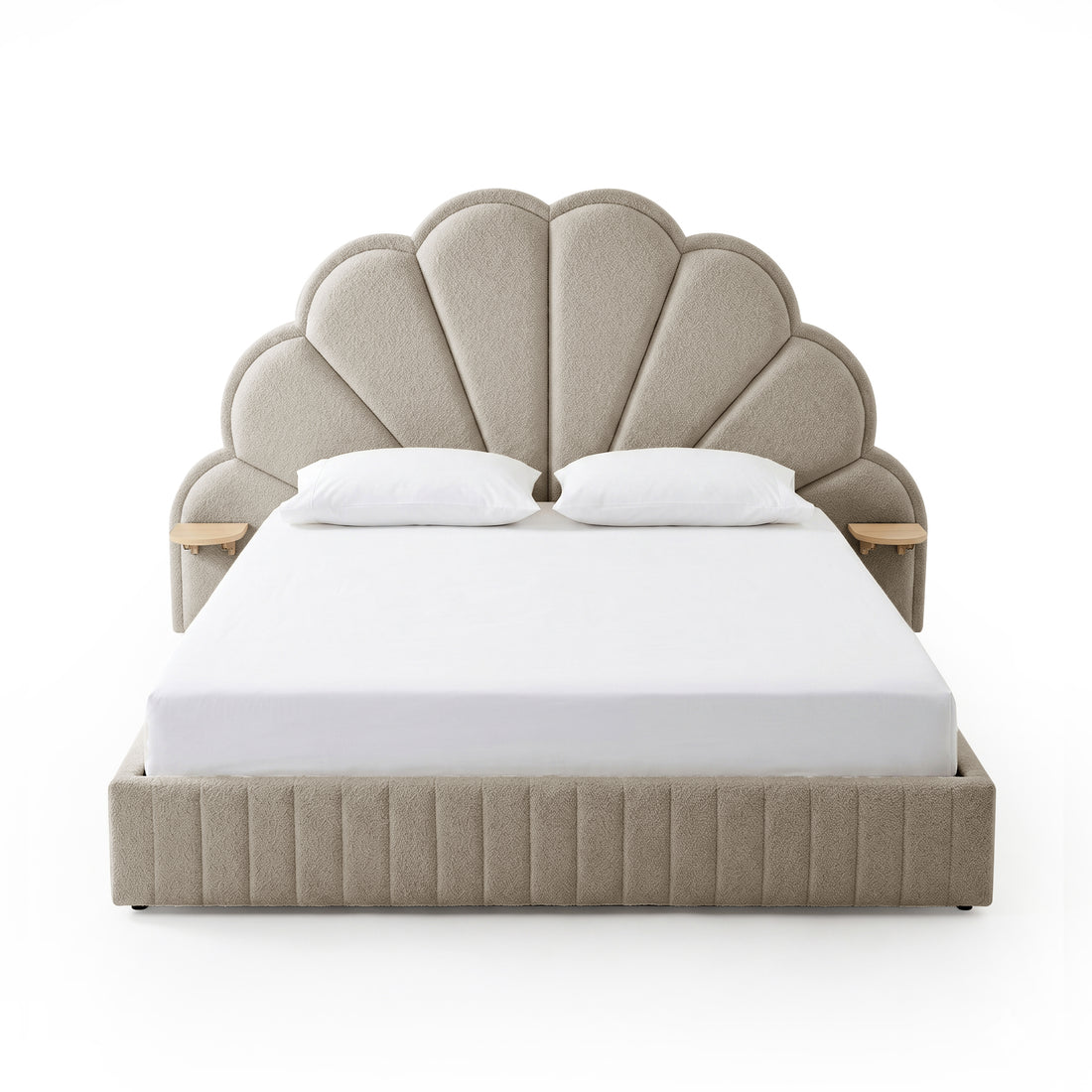 Clove Queen Storage Bed Base Set in Warm Beige with scalloped upholstered headboard, integrated side shelves, and ribbed