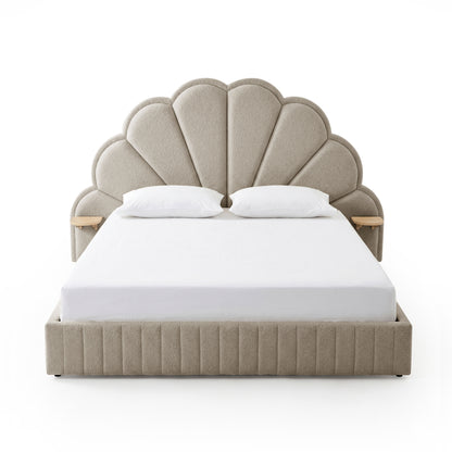 Clove Queen Storage Bed Base Set in Warm Beige with scalloped upholstered headboard, integrated side shelves, and ribbed