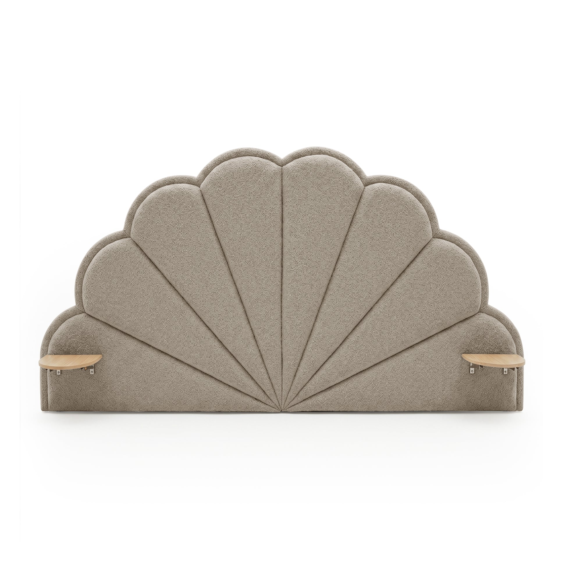 Clove Queen Scallop-Fan Headboard in Warm Beige Boucle with integrated timber side shelves