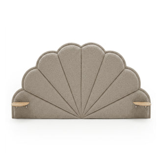 Clove Queen Scallop-Fan Headboard in Warm Beige Boucle with integrated timber side shelves