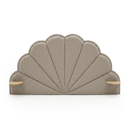 Clove Queen Scallop-Fan Headboard in Warm Beige Boucle with integrated timber side shelves