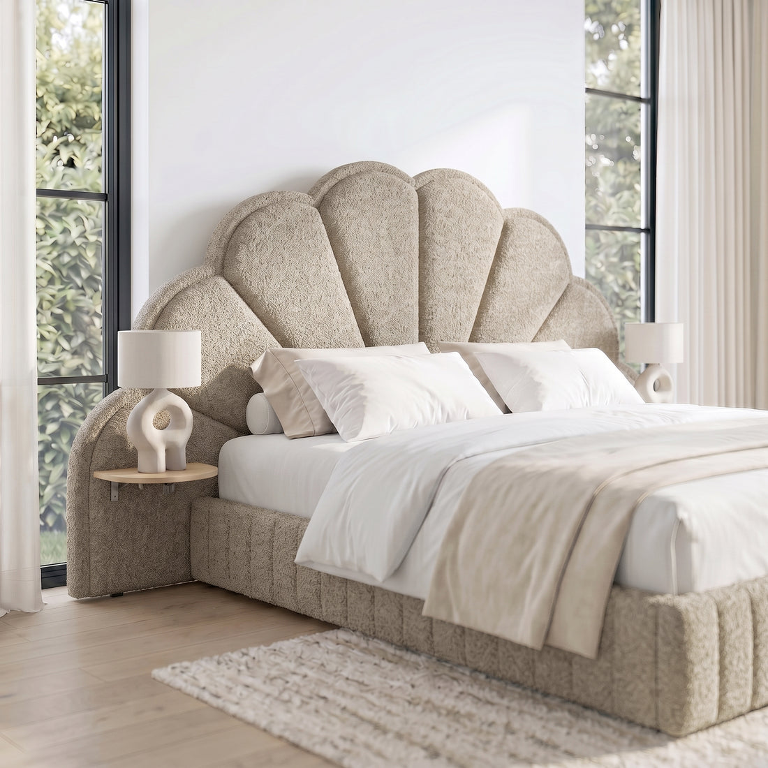 Clove Queen Scallop-Fan Headboard in Warm Beige Boucle with integrated side table, styled with white bedding