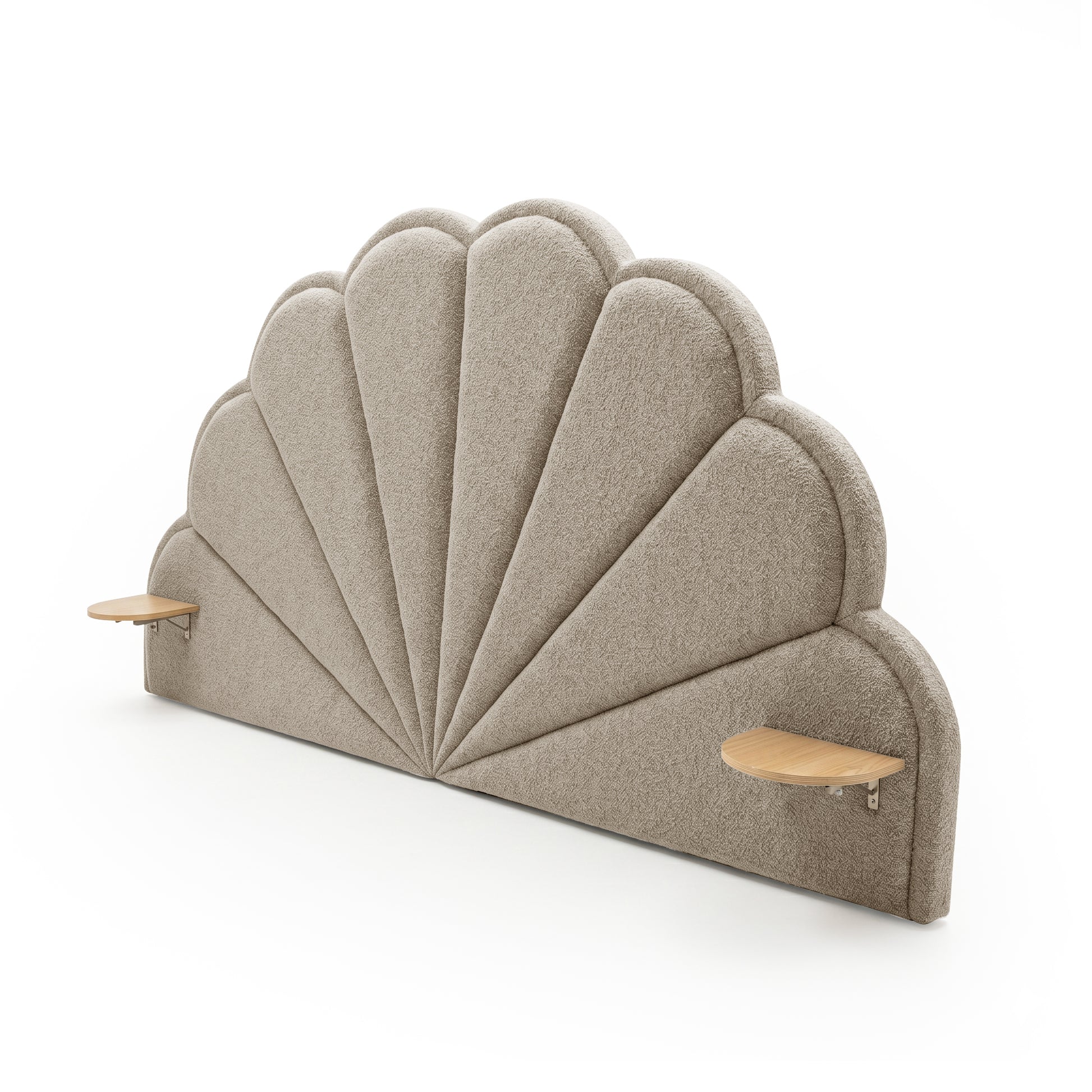 Clove Queen scallop-fan headboard in warm beige boucle with two attached timber side shelves