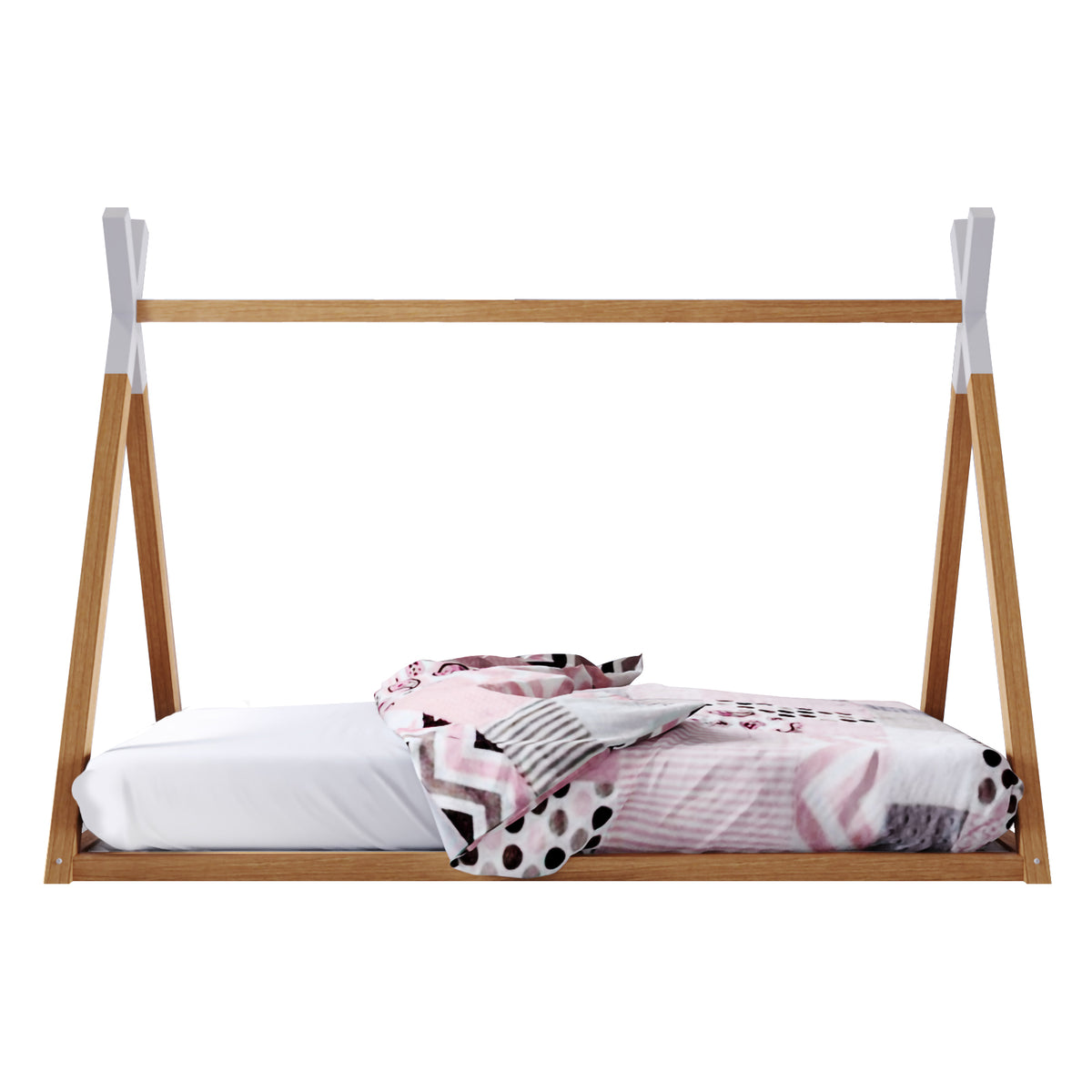 Helena Kids Single Solid Pine Teepee Bed Frame in Natural with pink, white and black patterned bedding