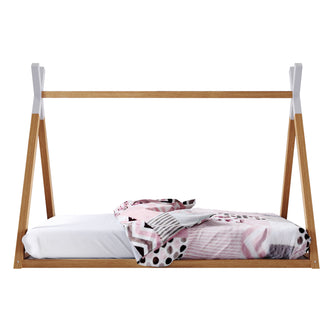 Helena Kids Single Solid Pine Teepee Bed Frame in Natural with pink, white and black patterned bedding