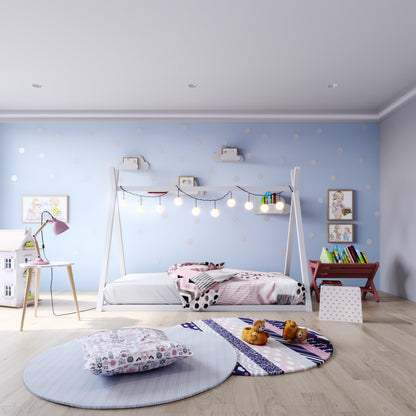 Helena Kids Single Solid Pine Teepee Bed Frame in White, featuring a cozy teepee design adorned with globe fairy-lights, against a pastel-themed room with playful decor elements and children's accessories.