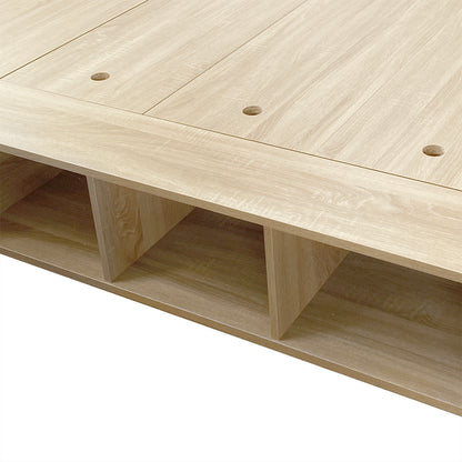 Herais Queen Platform Bed Base with Storage in Oak features a slatted wooden platform with recessed assembly holes, revealing three open cubby-style compartments beneath for convenient storage.