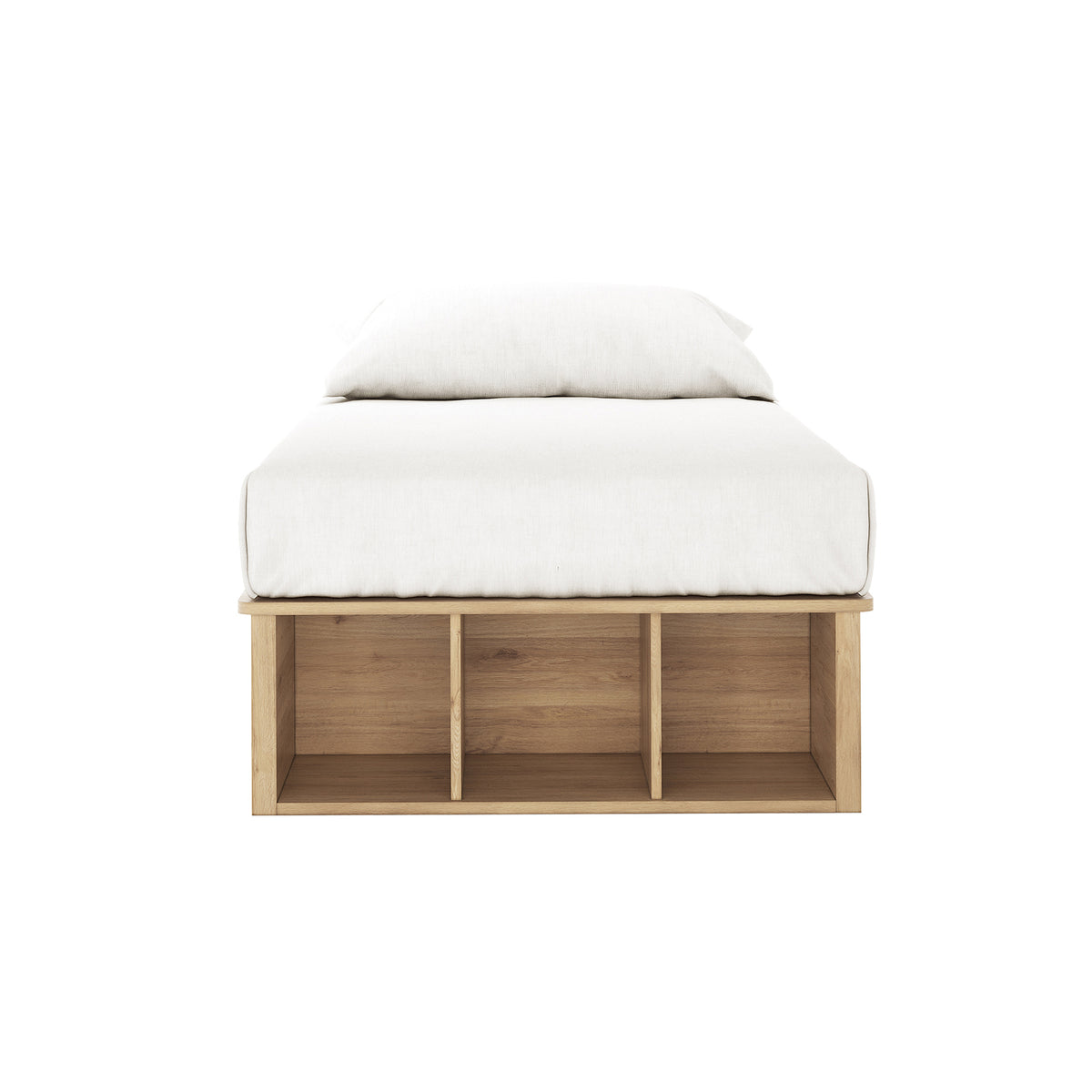 Herais Single Platform Bed Base with Storage in Oak, featuring a minimalist design with a low wooden frame and three open cubby-style compartments at the foot, showcasing functional elegance.