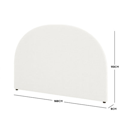 Florus Bouclé Queen Upholstered Round Bed Headboard - Cream White, featuring a gently rounded top and plush bouclé fabric, supported by a robust solid wood frame. Dimensions: 169 cm wide, 113 cm high, 9 cm thick.