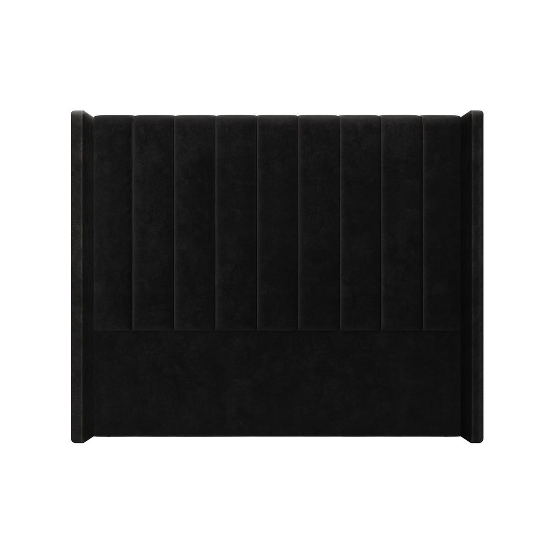 Fulvia Queen Winged Velvet Fabric Headboard in Ink features vertical channel-tufted panels and wingback-style sides, providing a modern, elegant backdrop for your bed with luxurious velvet upholstery.