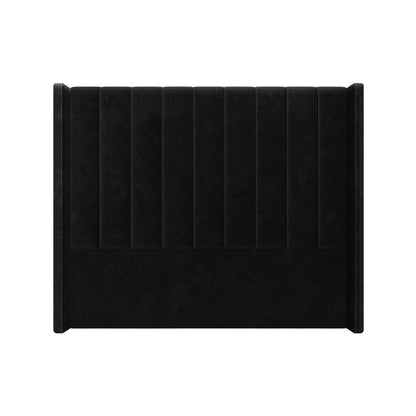 Fulvia Queen Winged Velvet Fabric Headboard in Ink features vertical channel-tufted panels and wingback-style sides, providing a modern, elegant backdrop for your bed with luxurious velvet upholstery.