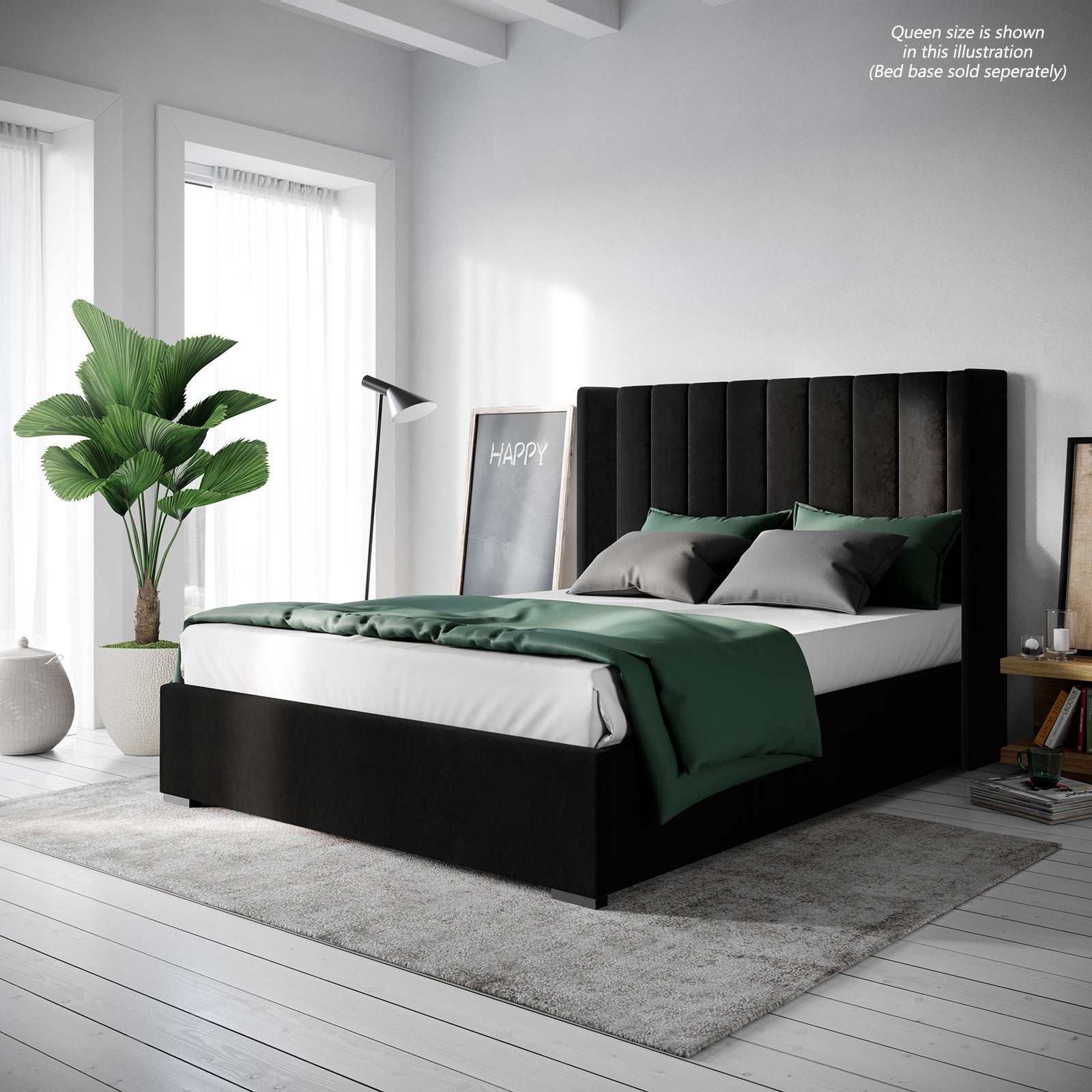 Fulvia Queen Winged Velvet Fabric Headboard in Ink, featuring vertical channel tufting with a solid wood frame, complements a stylish bedroom setting with white sheets and green comforter.
