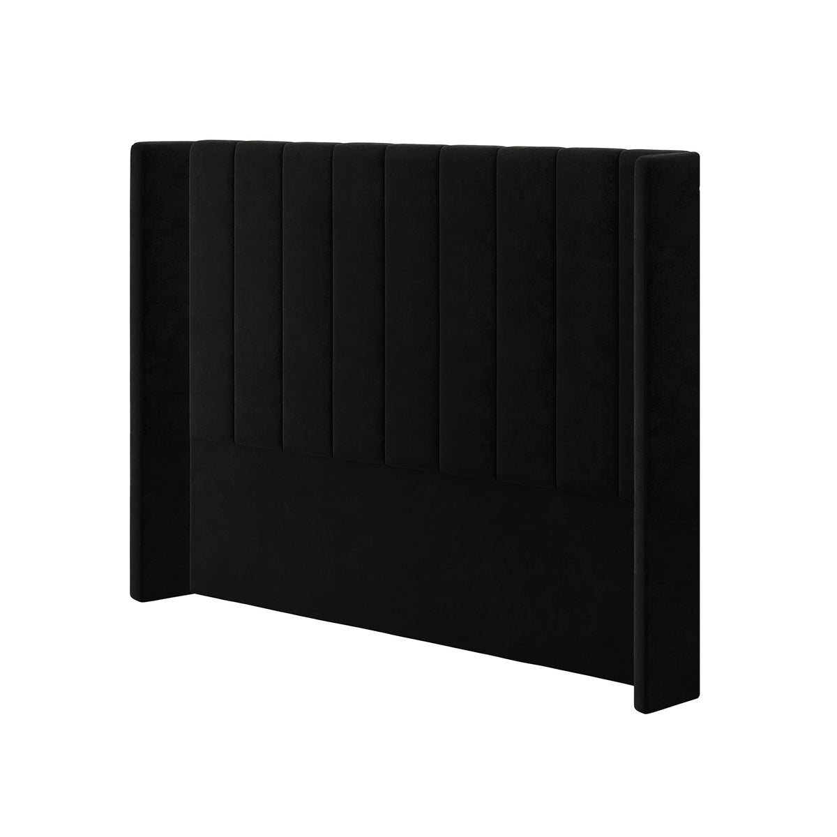 Fulvia Queen Winged Velvet Fabric Headboard in Ink features a tall, channel-tufted design with matte-black upholstery and forward-extending wings for a cozy, modern bedroom aesthetic.