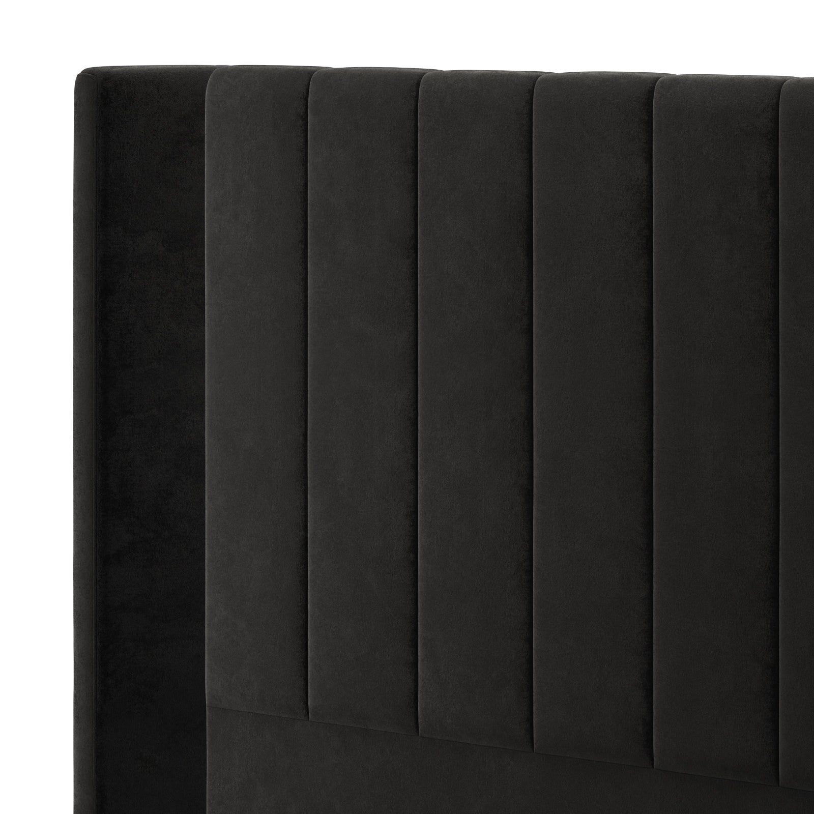 Fulvia Queen Winged Velvet Fabric Headboard in Ink features dark velvet upholstery with vertical channel tufting, offering a modern, elegant touch to any bedroom decor.