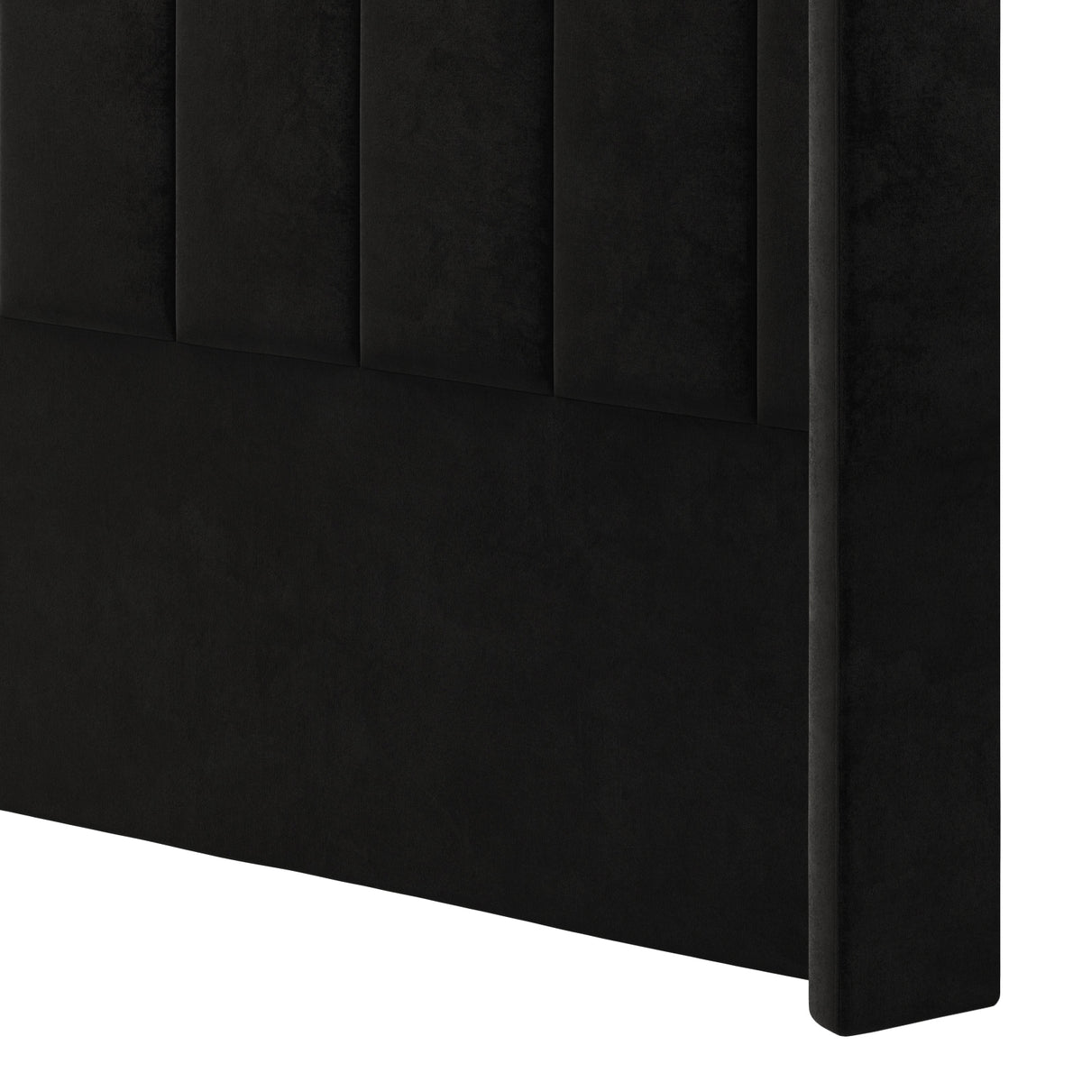 Close-up of the Fulvia Queen Winged Velvet Fabric Headboard in Ink, showcasing its plush, channel-tufted upholstery and side column, exuding contemporary elegance and sophistication.