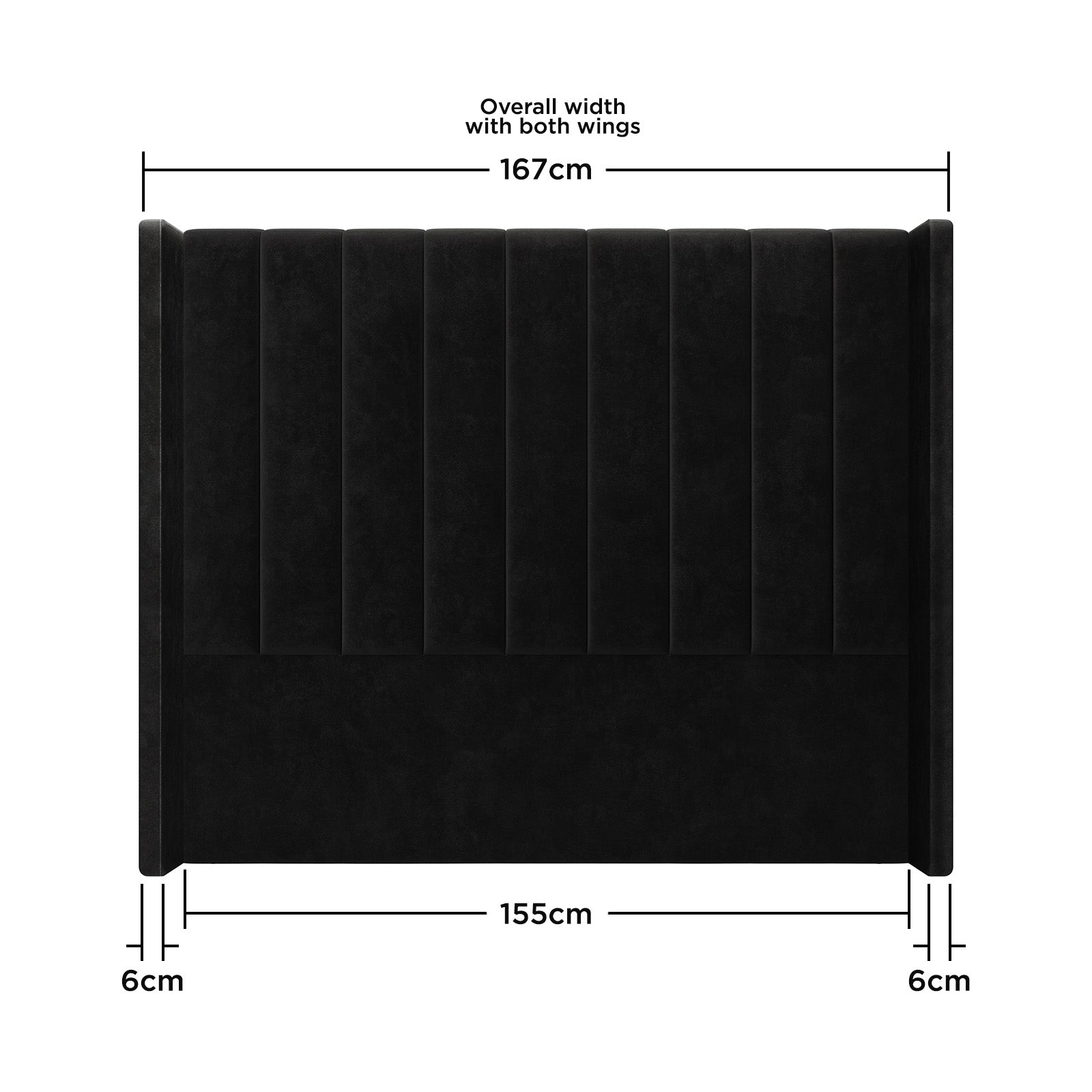 Fulvia Queen Winged Velvet Fabric Headboard in Ink, featuring vertically channel-tufted upholstery, solid wooden frame, and foam filling. The diagram highlights dimensions: 167 cm overall width, 155 cm main panel width, 6 cm wing thickness.