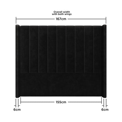 Fulvia Queen Winged Velvet Fabric Headboard in Ink, featuring vertically channel-tufted upholstery, solid wooden frame, and foam filling. The diagram highlights dimensions: 167 cm overall width, 155 cm main panel width, 6 cm wing thickness.