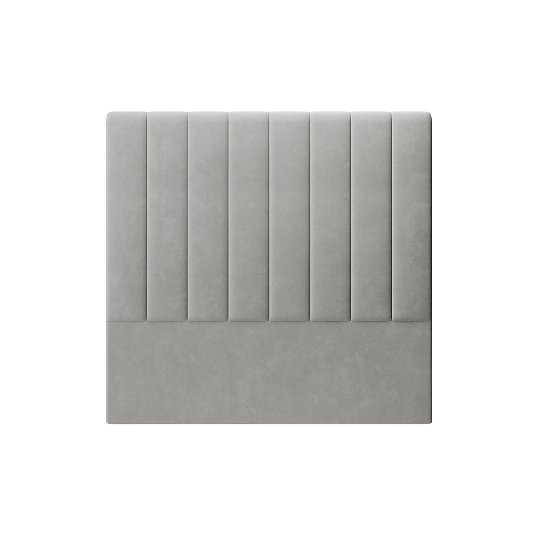 Gratiana Double Velvet Fabric Headboard in Slate, featuring a light-grey channel-tufted design with a solid lower section, showcases luxurious upholstery and refined stitching for a sophisticated bedroom centerpiece.