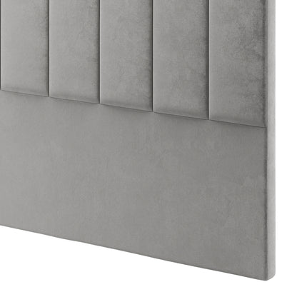 Gratiana Double Velvet Fabric Headboard in Slate, featuring light gray upholstery with vertical padded panels above a smooth section, showcasing a modern design with Art Deco elegance.