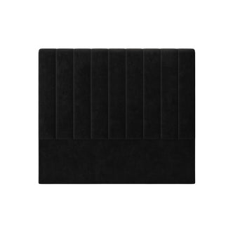 Gratiana Queen Velvet Fabric Headboard in Ink features a modern rectangular shape with vertical, channel-style padding on top and a smooth bottom panel, showcasing Art Deco elegance and sophistication.