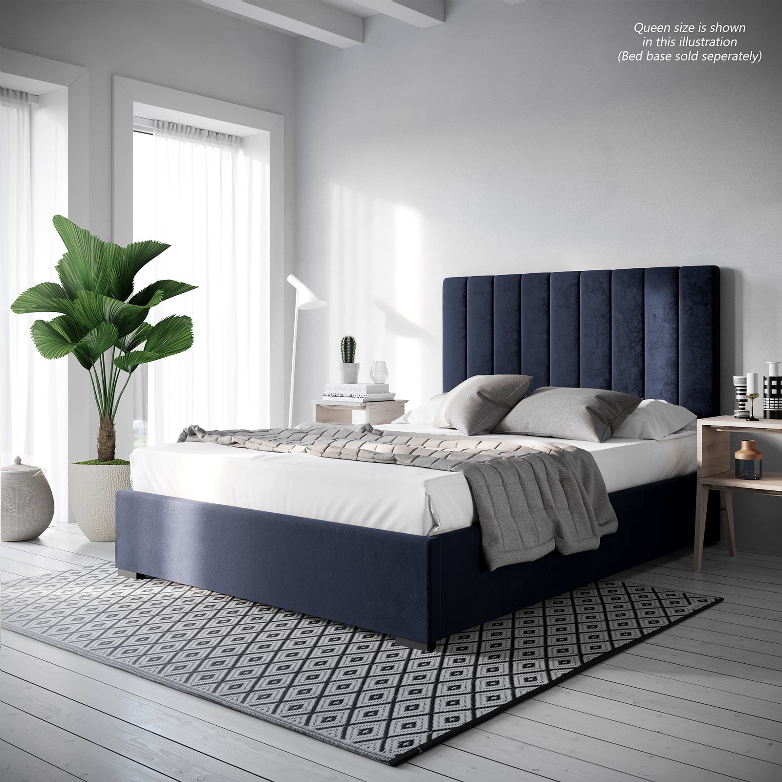 Gratiana Upholstered Velvet Queen Headboard features a plush, curved design with detailed stitching, freestanding against a bed with a blue headboard, highlighted by its luxurious texture and elegant form.