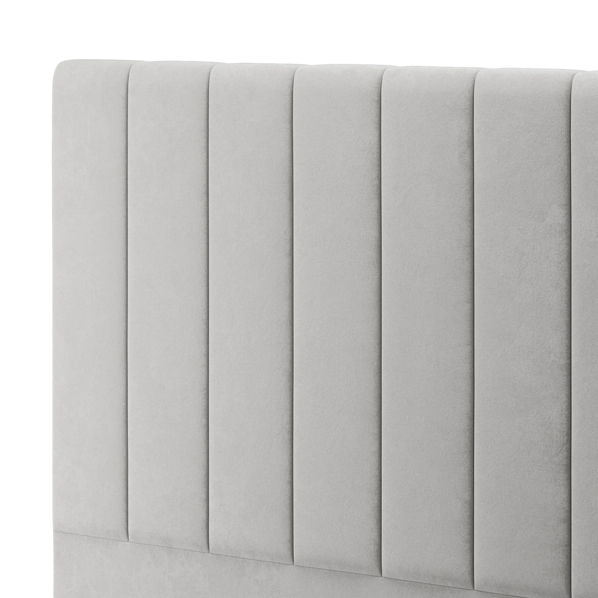 Gratiana Upholstered Velvet Queen Headboard - Slate features plush velvet fabric, detailed stitching, and integrated feet for stability. The close-up highlights its elegant design and solid timber framework.