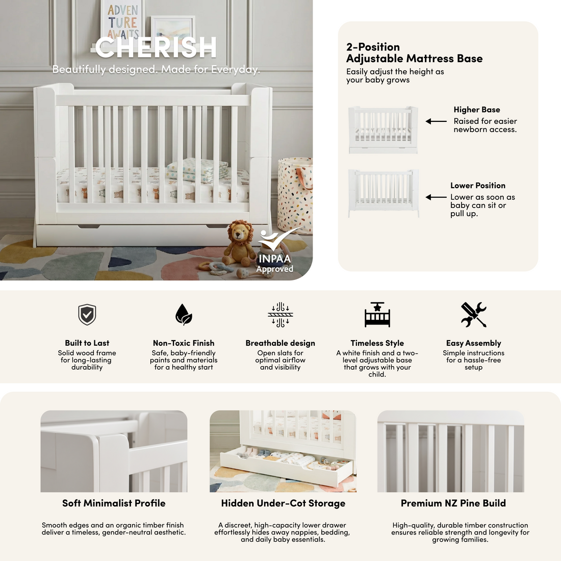 Hushly Baby Cot with Storage Drawer in White styled in a room setting