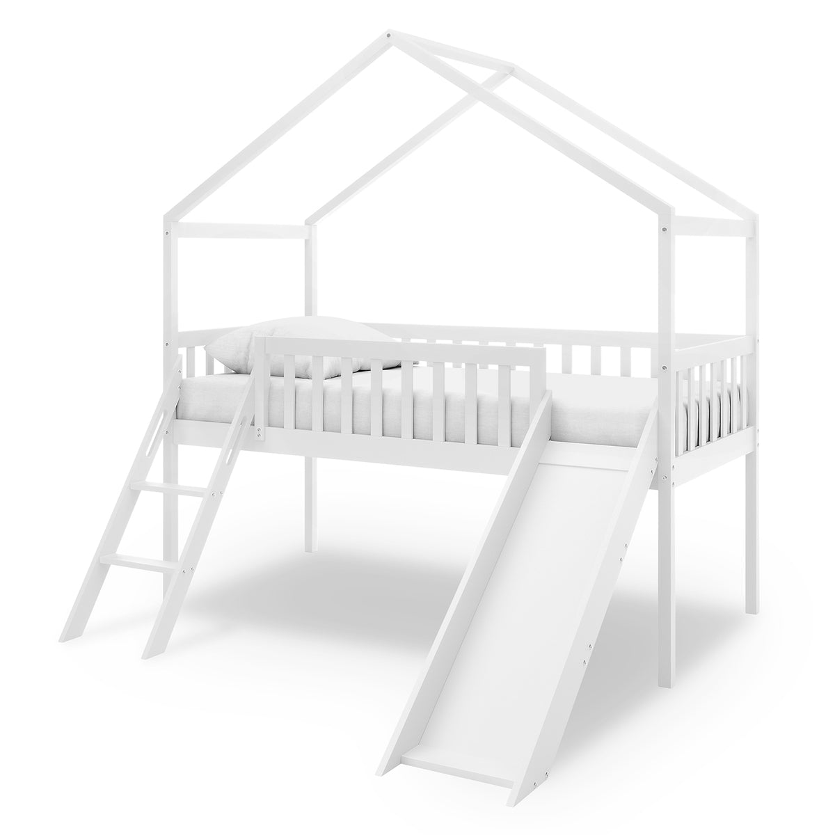 Inala Kids House Bed with Slide - White features a loft-style design with a peaked roof frame, ladder, and slide. Made of solid pine, it promotes a playful and safe sleeping environment.