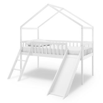 Inala Kids House Bed with Slide - White features a loft-style design with a peaked roof frame, ladder, and slide. Made of solid pine, it promotes a playful and safe sleeping environment.