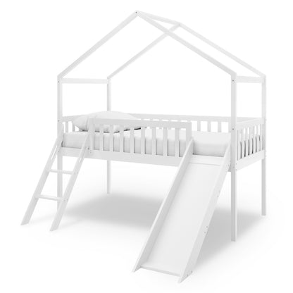 Inala Kids House Bed with Slide - White features a loft-style design with a peaked roof frame, ladder, and slide. Made of solid pine, it promotes a playful and safe sleeping environment.