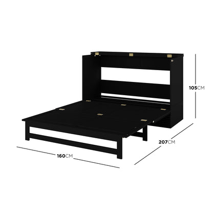 Jaxen Smart Queen Foldout Murphy Bed with Storage shown with sleek black frame and integrated shelving, featuring a compact design ideal for maximizing space.