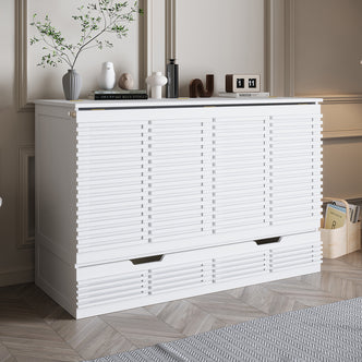Jaxen Eco-Luxury Sleep with Bamboo Mattress Bundle featuring a white louvered sideboard with decor, showcasing modern design elements; includes vase, sculptures, and retro clock, reflecting stylish, space-saving home aesthetics.